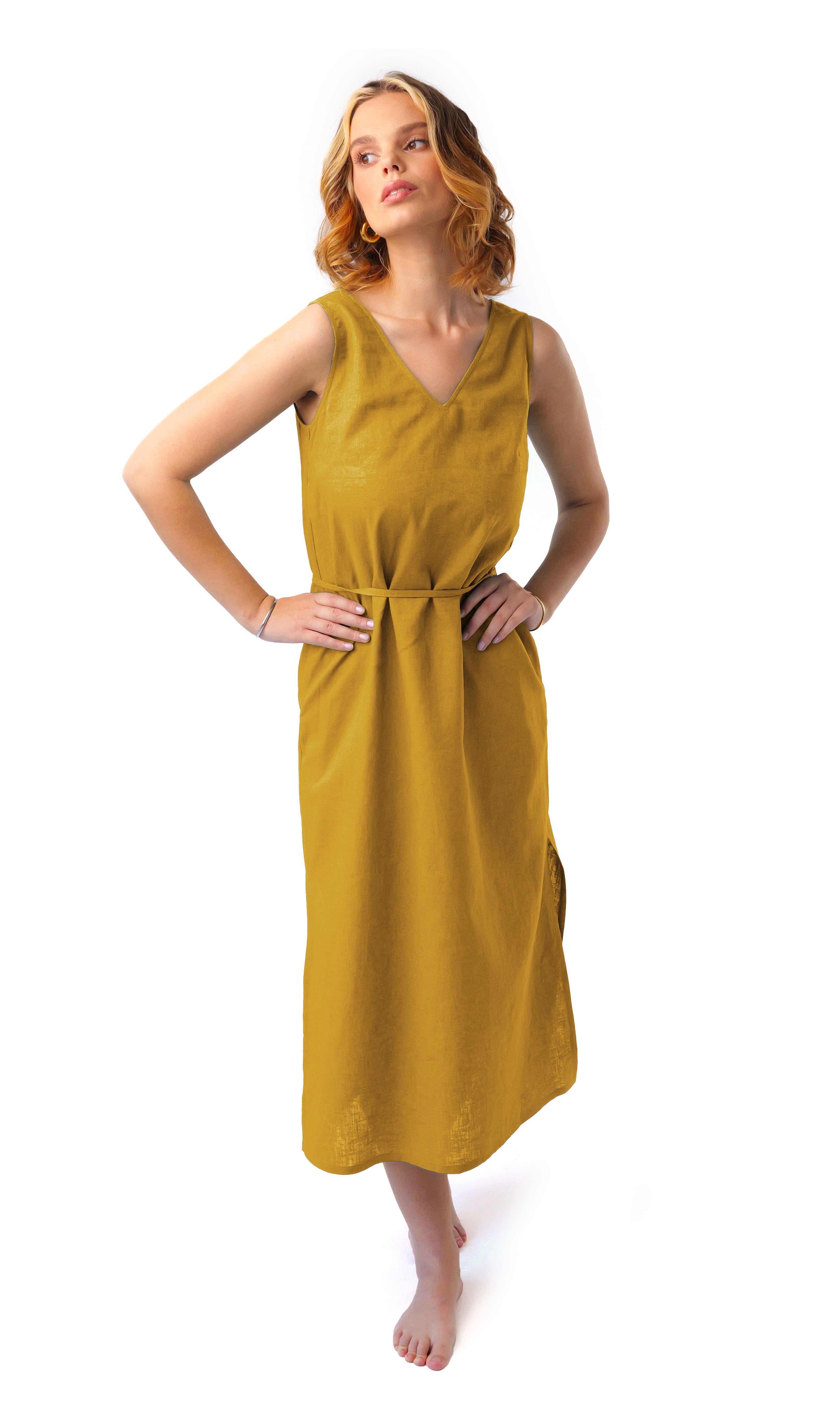 Long linen dress SOFT AS MOSS in mustard Care N Wear Long linen dress SOFT AS MOSS in mustard Care N Wear