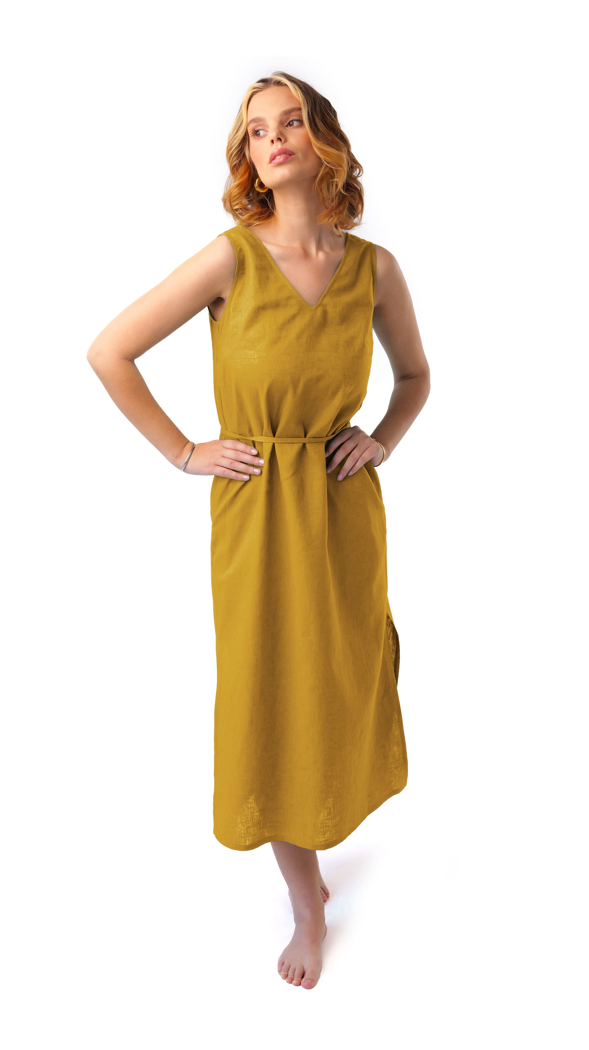 Long linen dress SOFT AS MOSS in mustard Care N Wear Long linen dress SOFT AS MOSS in mustard Care N Wear